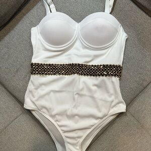 SHEIN White One Piece Swimsuit with Gold Accents